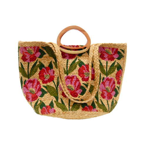 Multi Poppy Painted Nell Wood Handle Jute Tote