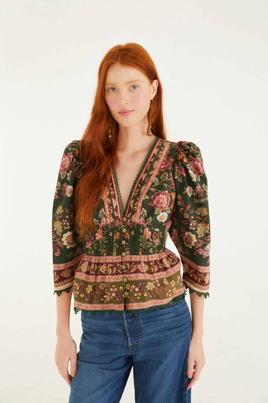 Farm Rio - Flowering Garden Tree Green Blouse