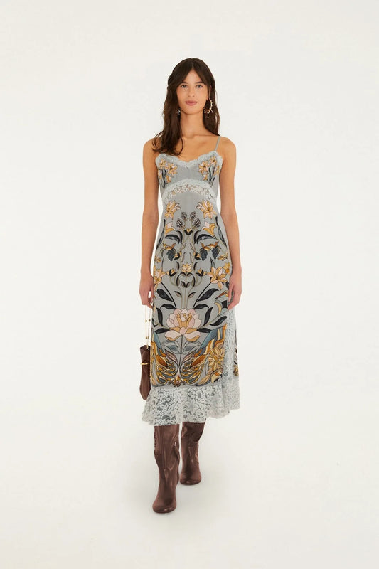 Farm Rio - Stained Glass Beauty Blue Slip Midi Dress