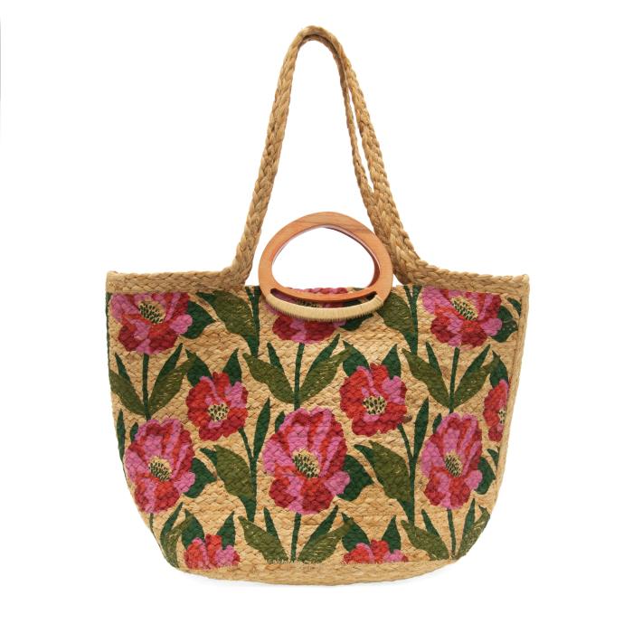 Multi Poppy Painted Nell Wood Handle Jute Tote