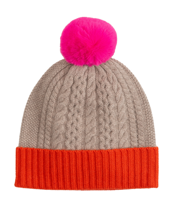 Colorblock Cable Pom Beanie