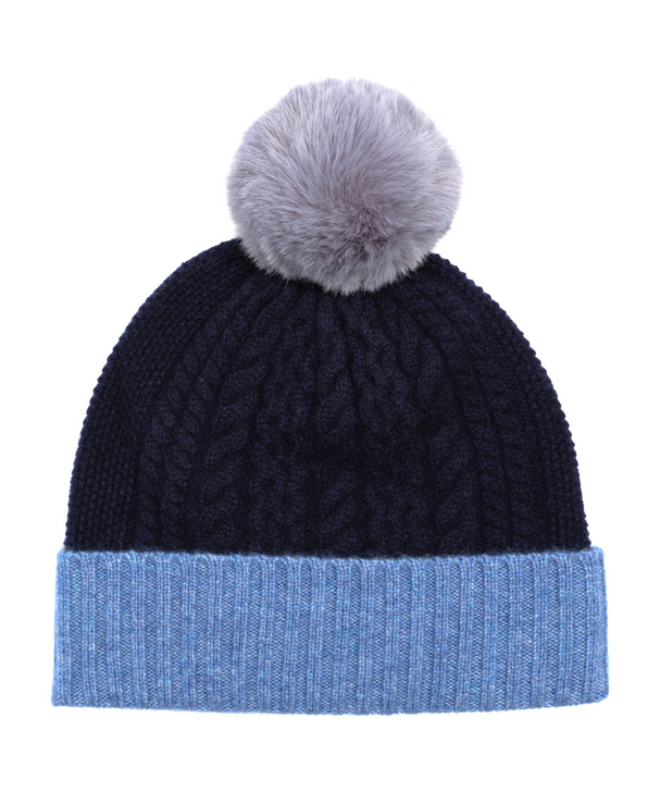 Colorblock Cable Pom Beanie