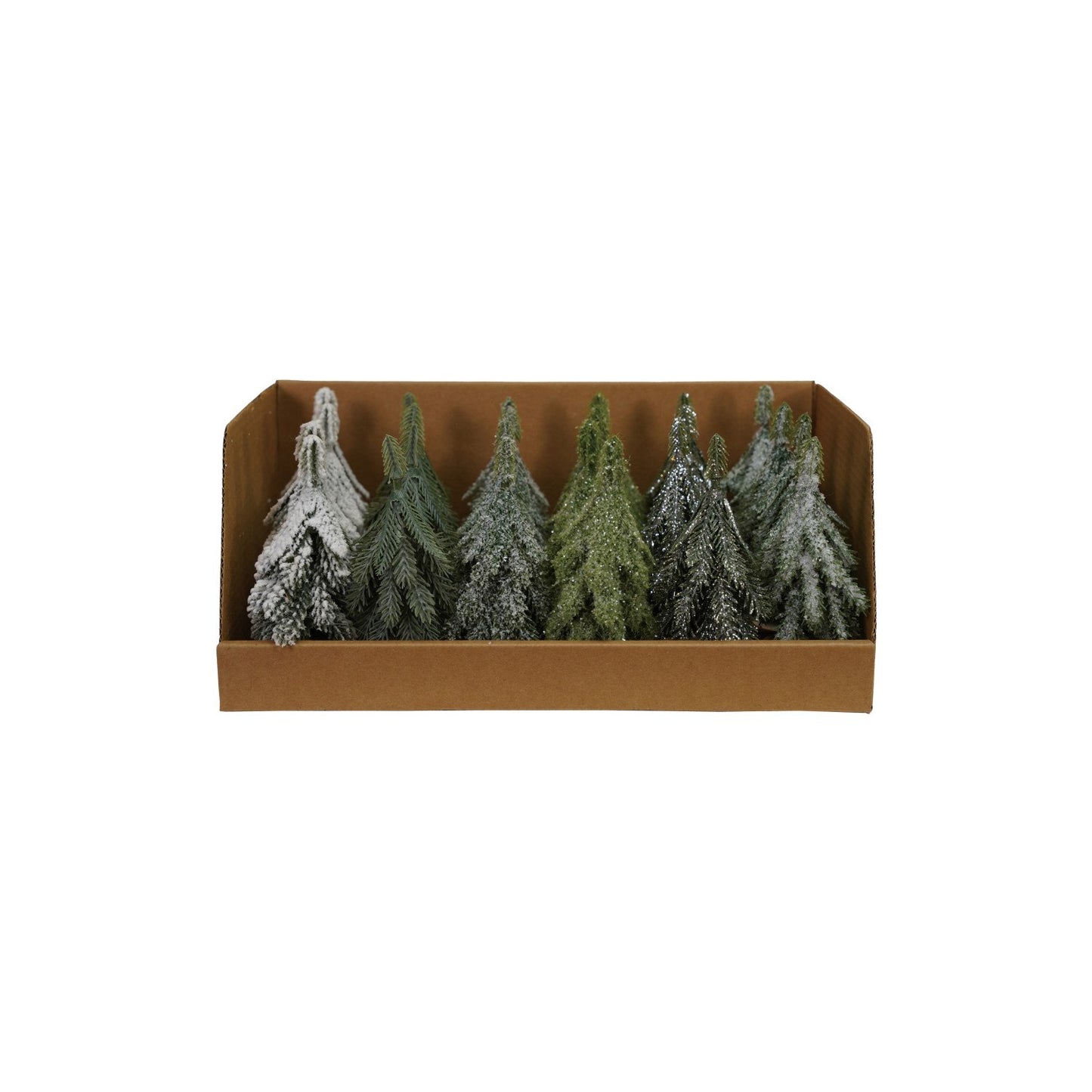 Faux Evergreen Trees with Natural Wood Slice Bases, Boxed Set of 24